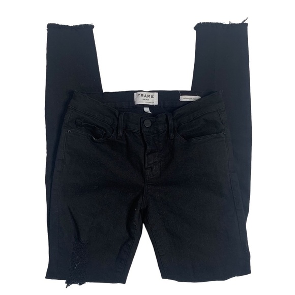 Frame Le Skinny De Jeanne Black Ripped Distressed Mid-Rise Jeans - Picture 3 of 16